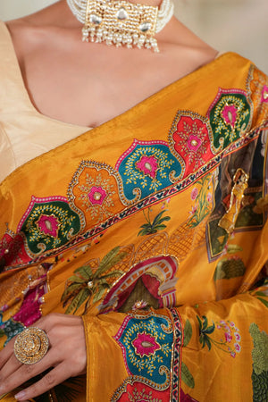 Sunehri : Mustard Crepe Saree with cutdana work Sathiraa Sarees