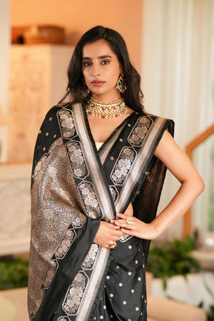 Kaya : Black Premium Mashru Katan Silk Banarasi Saree Sathiraa Sarees