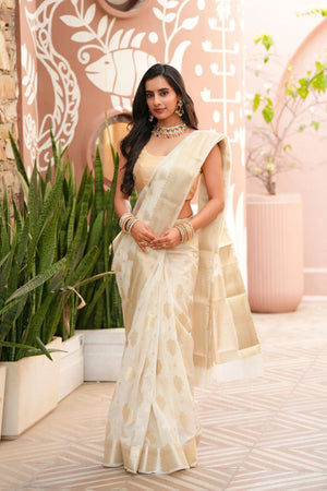 Pratibha : Banarasi Silk off white woven Saree Sathiraa Sarees