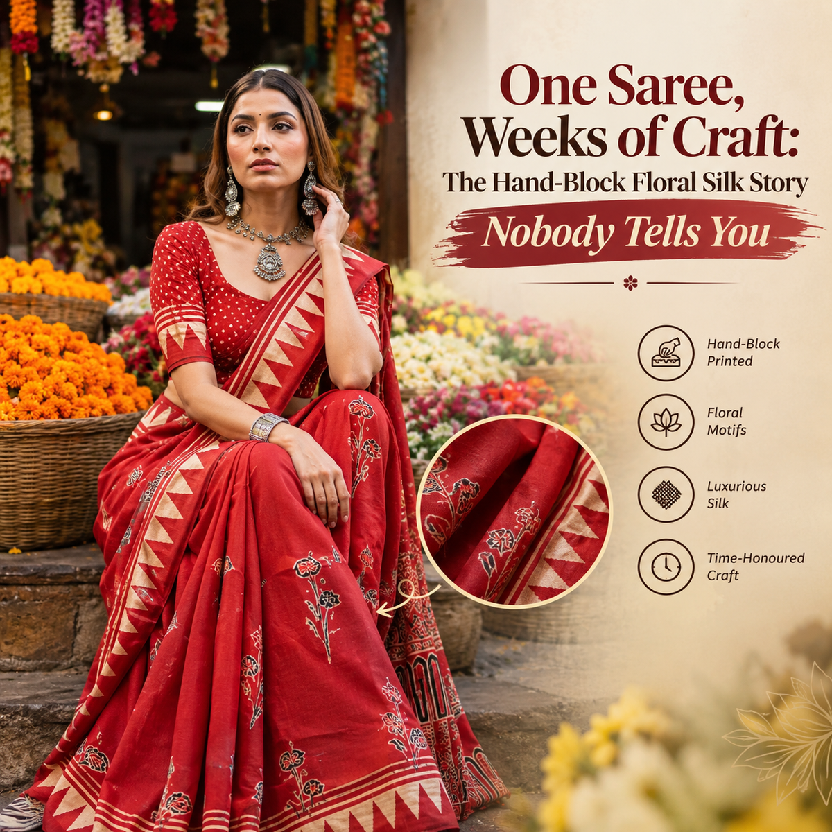 One Saree, Weeks of Craft: The Hand-Block Floral Silk Story Nobody Tells You