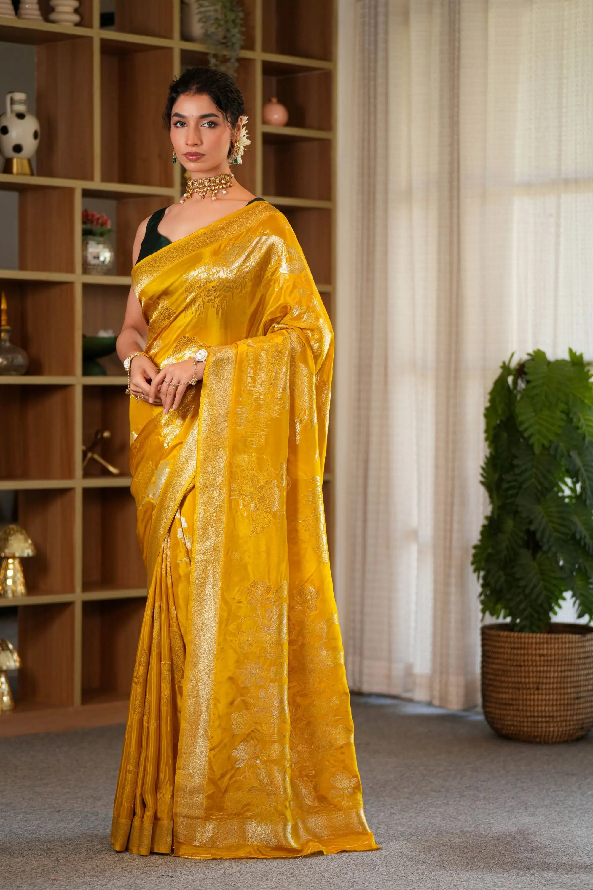 Image of Meher - Mustard Viscose Crepe saree with contrast blouse Sathiraa Sarees