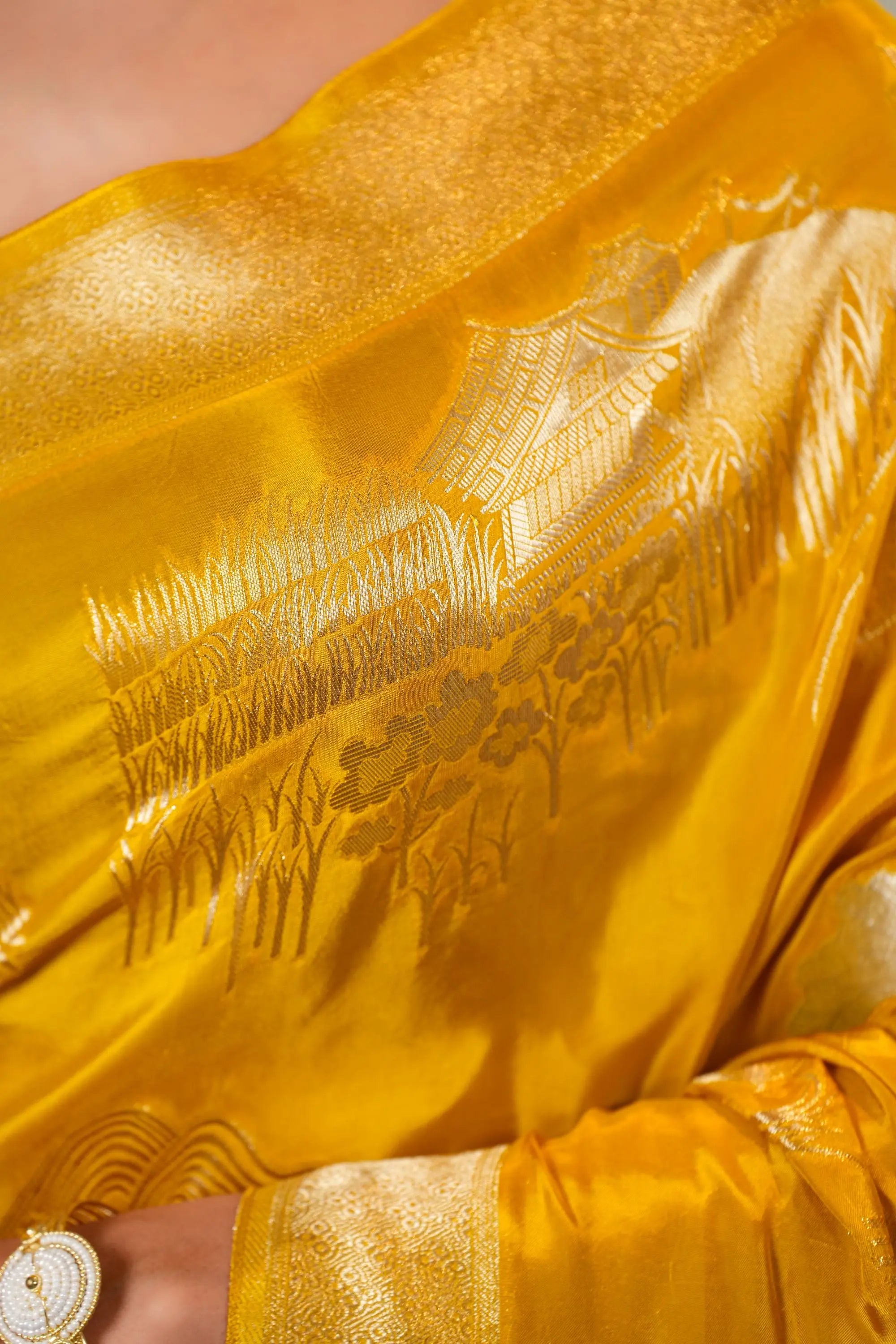 Image of Meher - Mustard Viscose Crepe saree with contrast blouse Sathiraa Sarees
