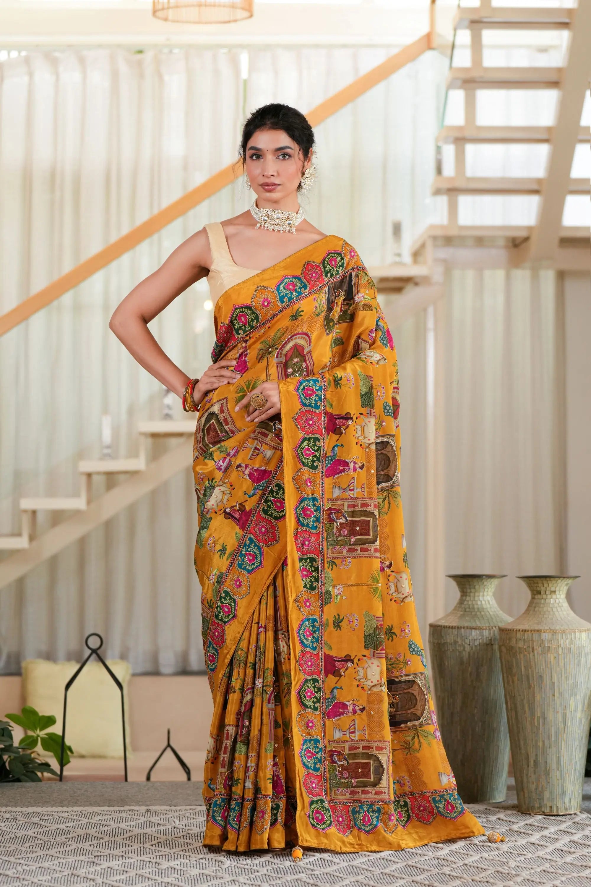 Image of Sunehri : Mustard Crepe Saree with cutdana work Sathiraa Sarees
