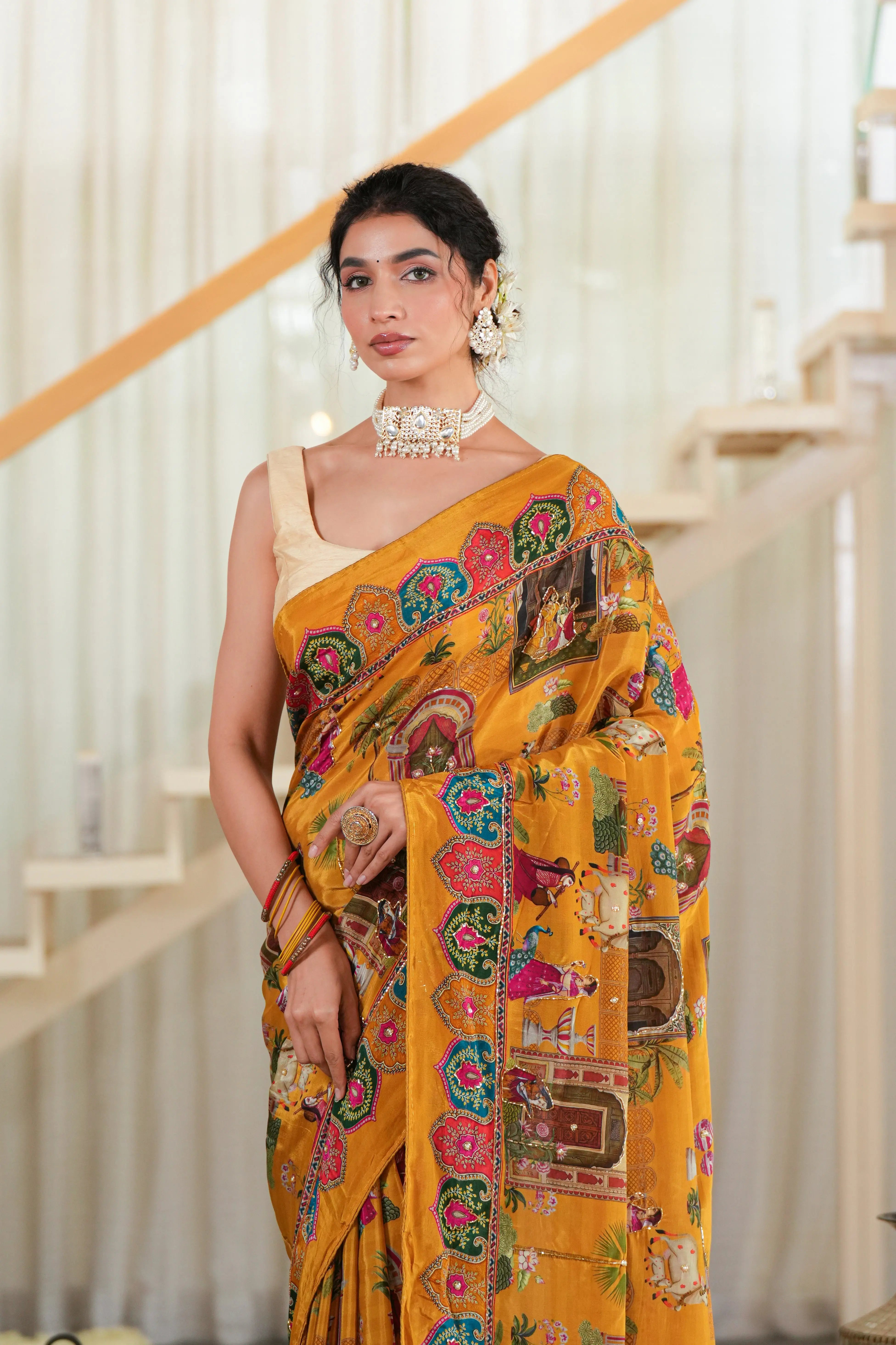 Image of Sunehri : Mustard Crepe Saree with cutdana work Sathiraa Sarees