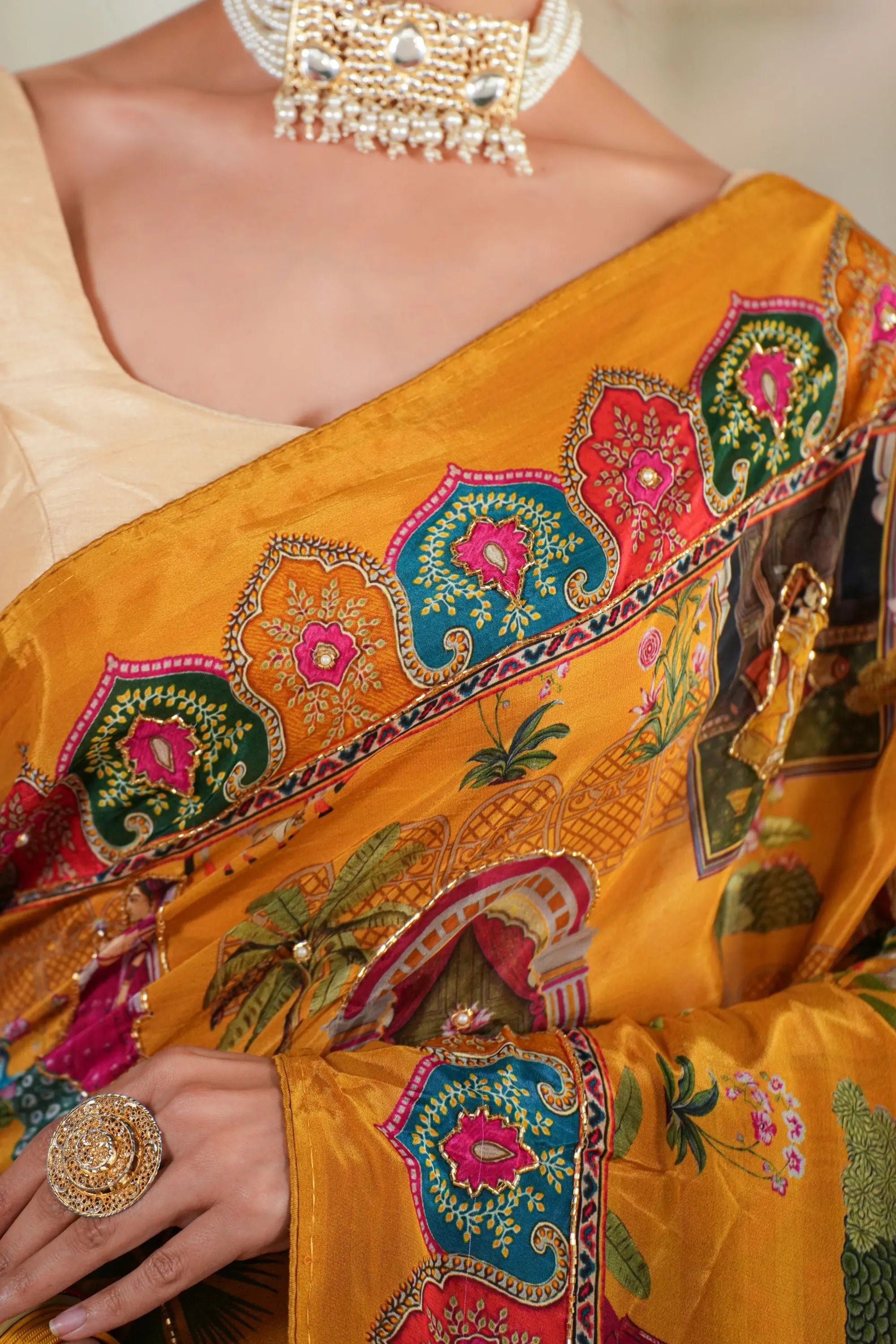 Image of Sunehri : Mustard Crepe Saree with cutdana work Sathiraa Sarees