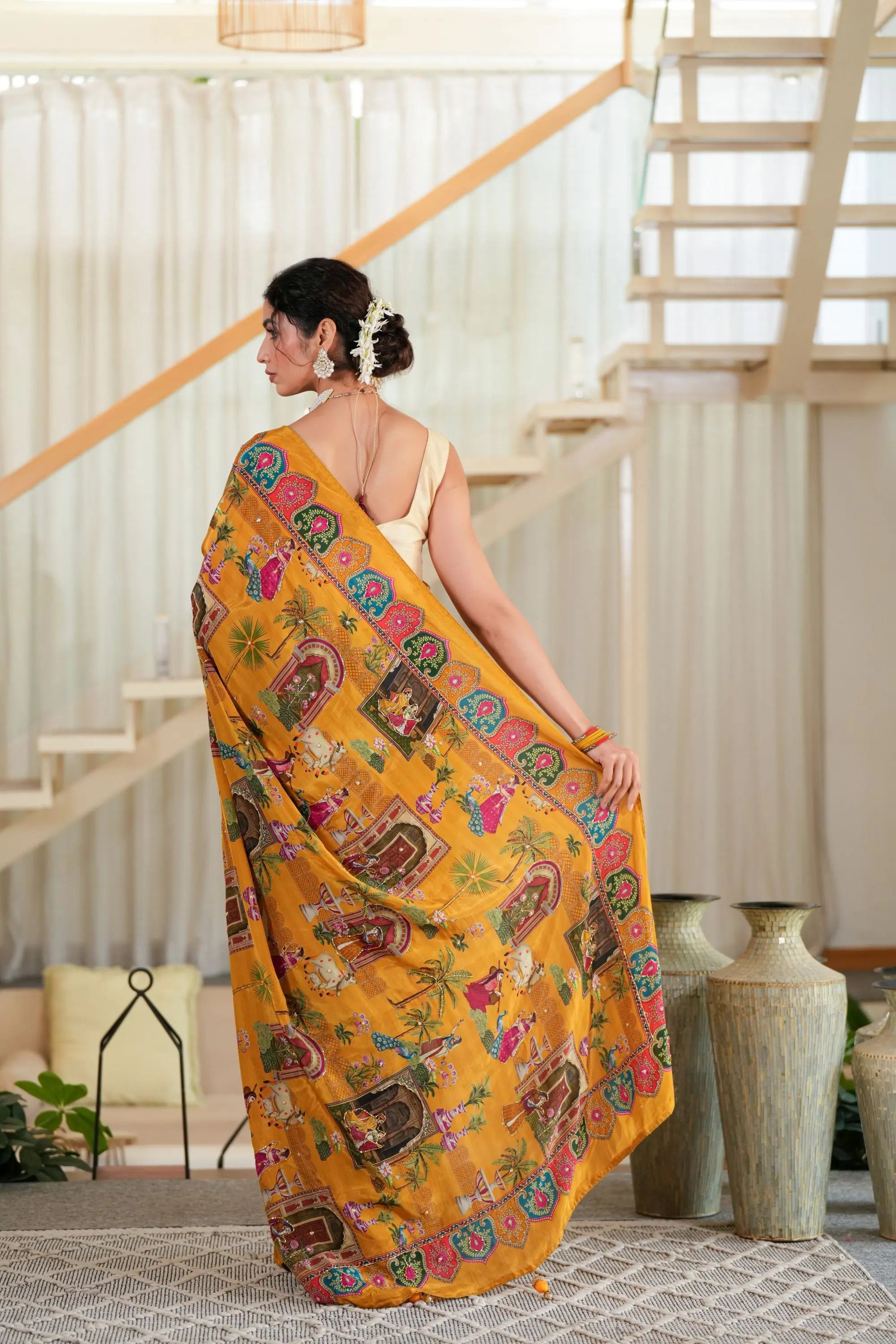 Image of Sunehri : Mustard Crepe Saree with cutdana work Sathiraa Sarees