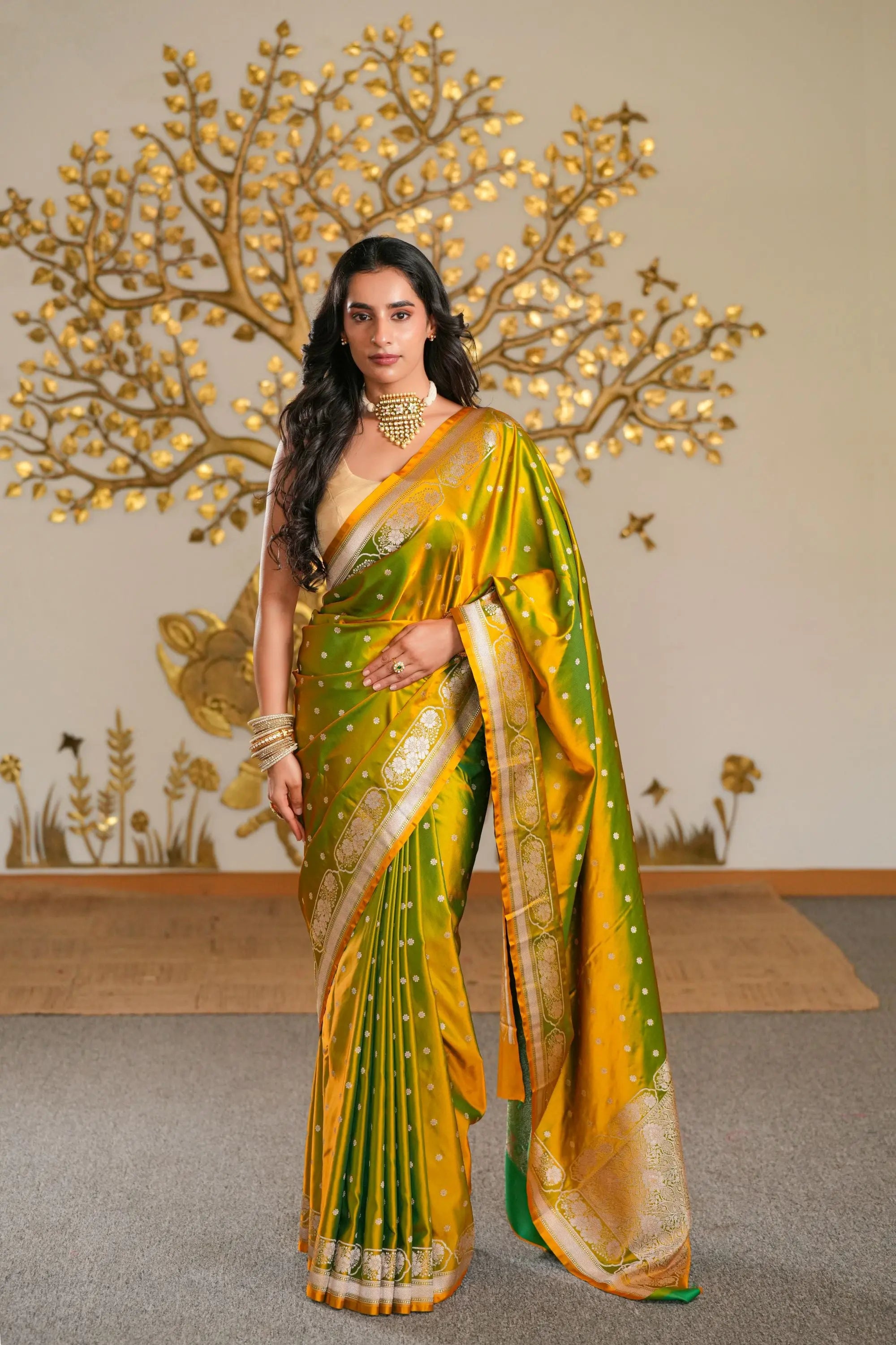 Image of Haritā : Mashru Katan Silk Banarasi Saree Sathiraa Sarees