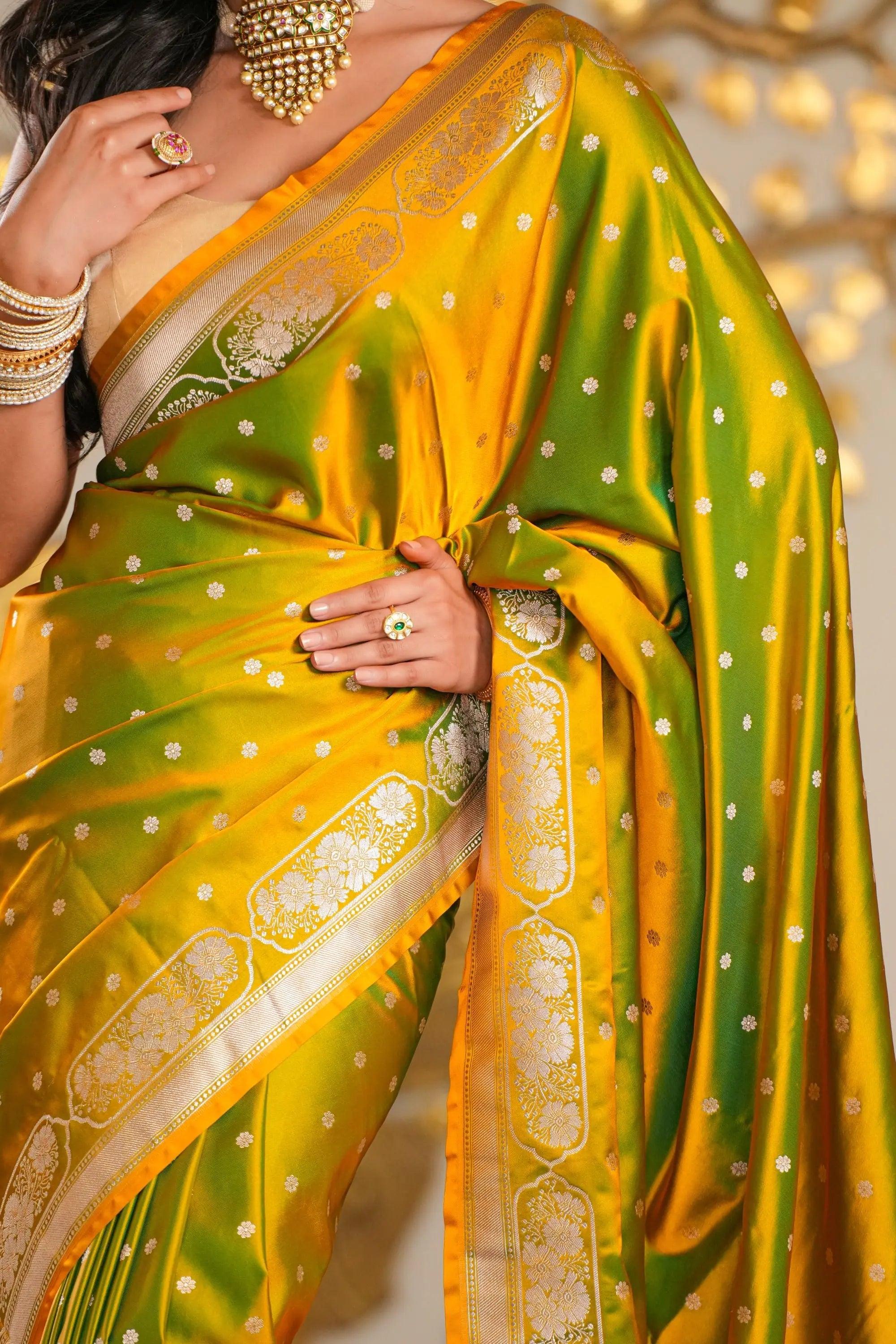 Image of Haritā : Mashru Katan Silk Banarasi Saree Sathiraa Sarees