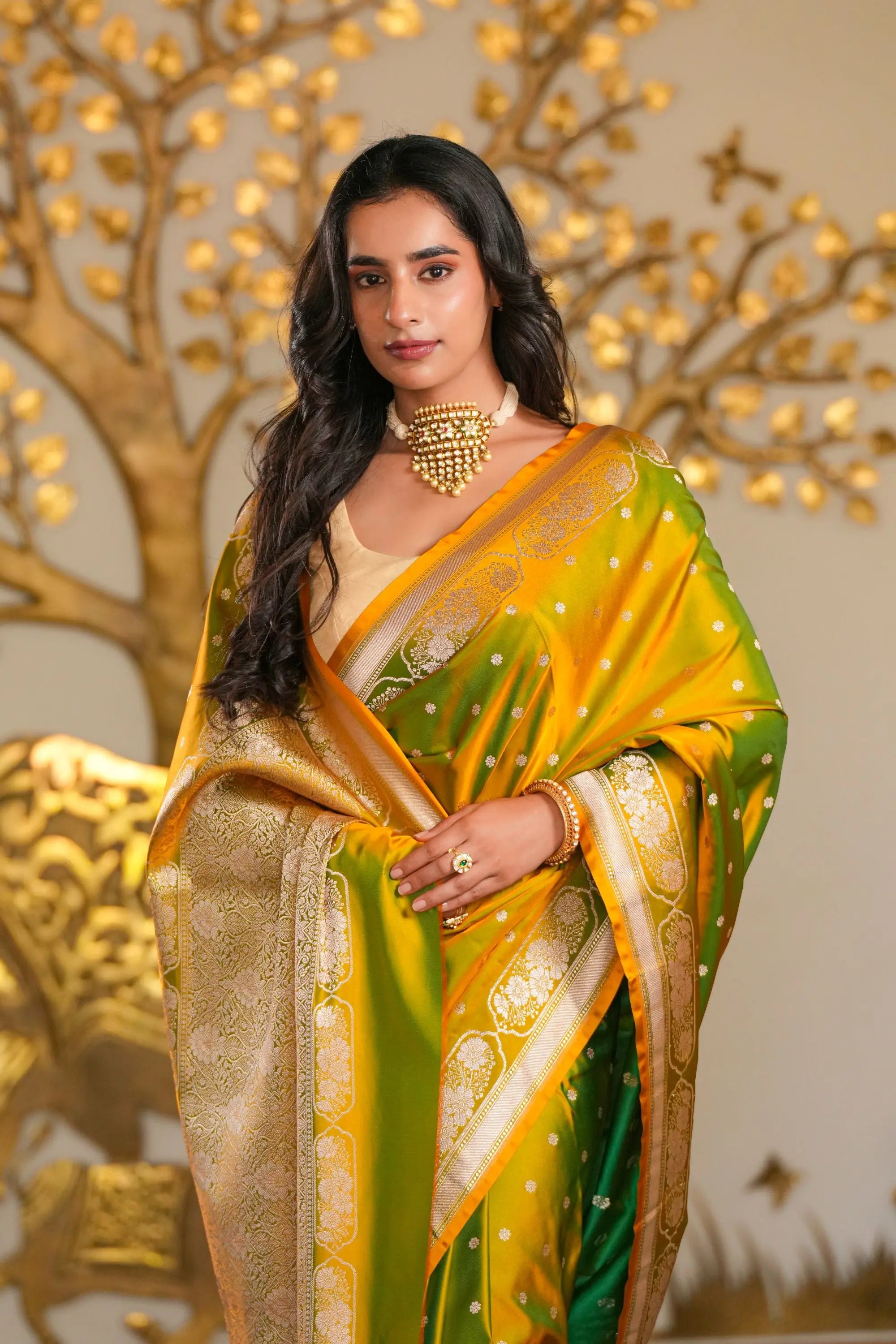 Image of Haritā : Mashru Katan Silk Banarasi Saree Sathiraa Sarees
