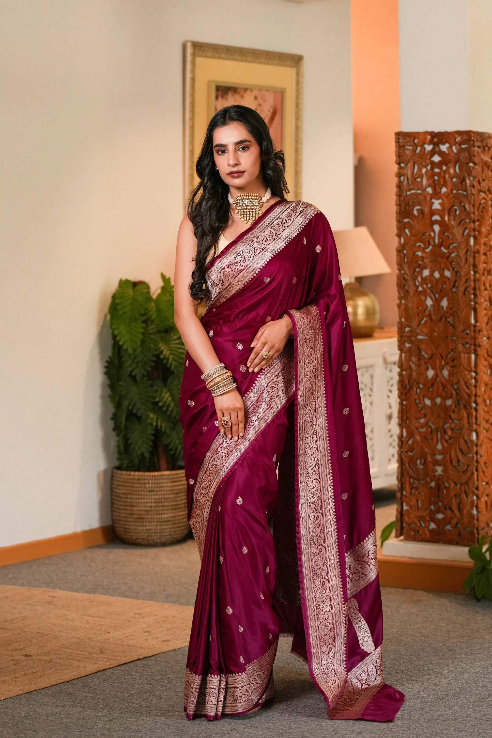 Image of Vaidehi : Maroon Mashru Silk Bananasi saree Sathiraa Sarees