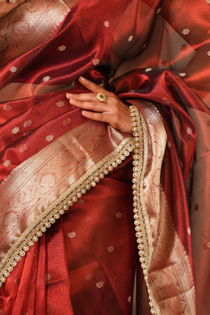 Suvrana : Ethnic Motifs Woven Design in Zari Organza Saree Sathiraa Sarees