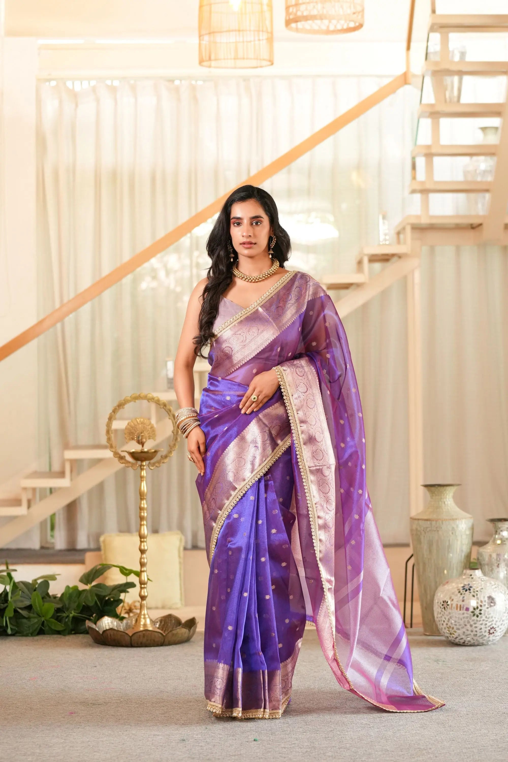 Image of Tarani : Purple Dual Tone Tissue Silk Saree Highlighted With Gota Detailing Sathiraa Sarees