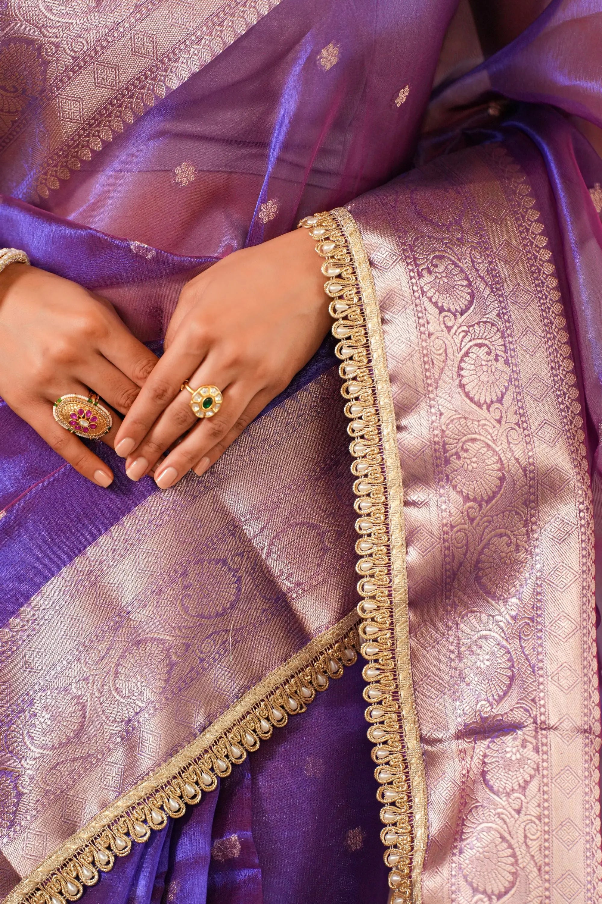 Image of Tarani : Purple Dual Tone Tissue Silk Saree Highlighted With Gota Detailing Sathiraa Sarees