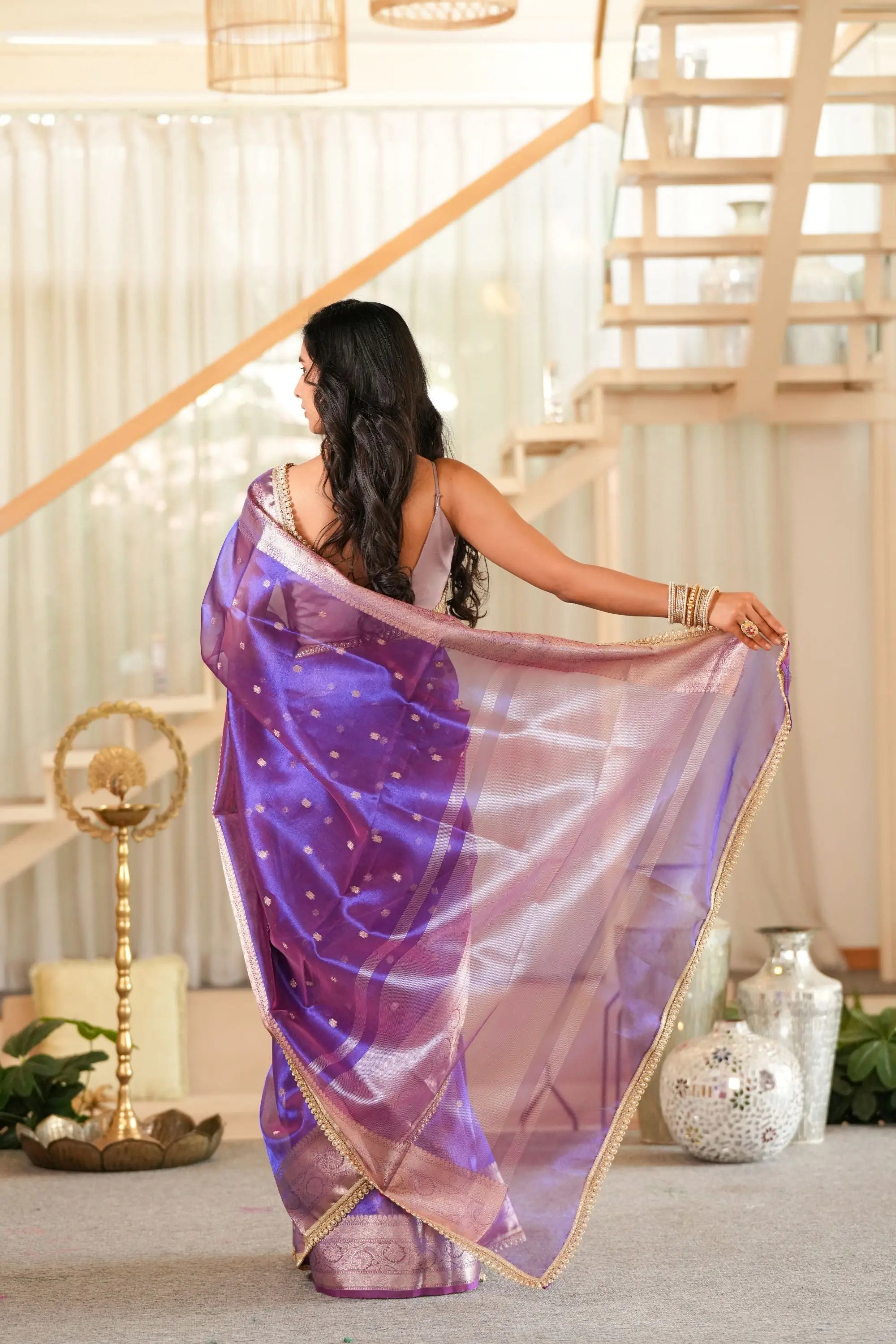 Image of Tarani : Purple Dual Tone Tissue Silk Saree Highlighted With Gota Detailing Sathiraa Sarees