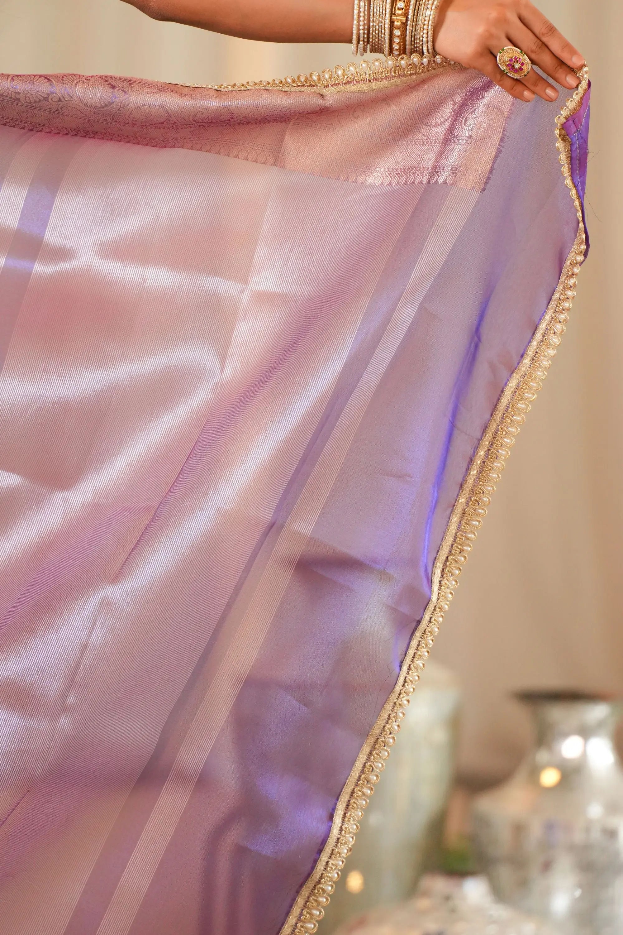 Image of Tarani : Purple Dual Tone Tissue Silk Saree Highlighted With Gota Detailing Sathiraa Sarees