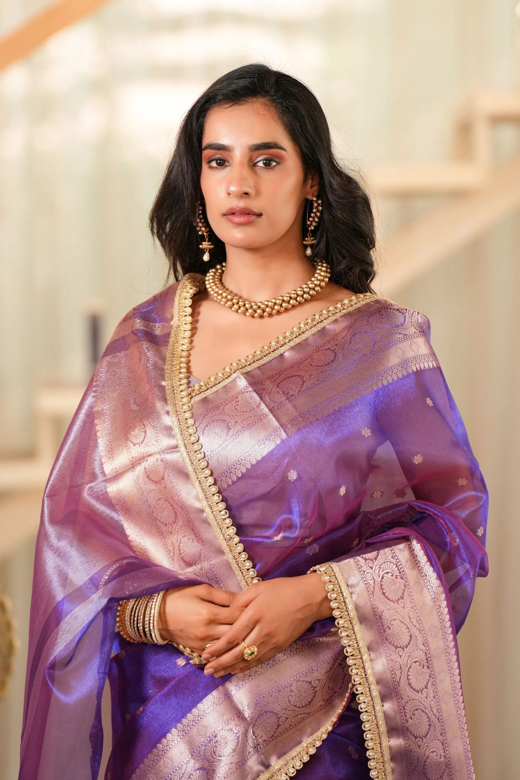 Image of Tarani : Purple Dual Tone Tissue Silk Saree Highlighted With Gota Detailing Sathiraa Sarees