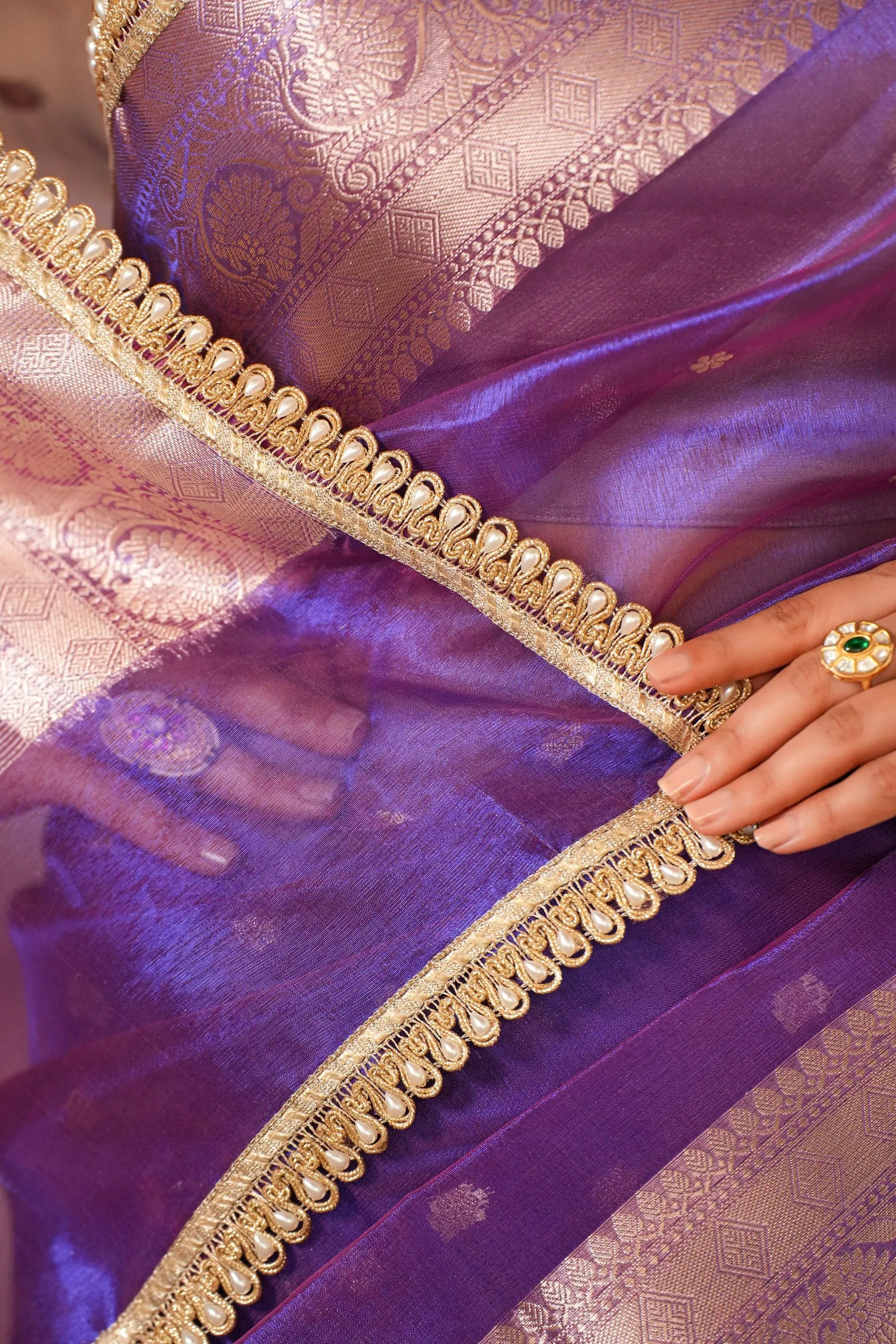 Image of Tarani : Purple Dual Tone Tissue Silk Saree Highlighted With Gota Detailing Sathiraa Sarees