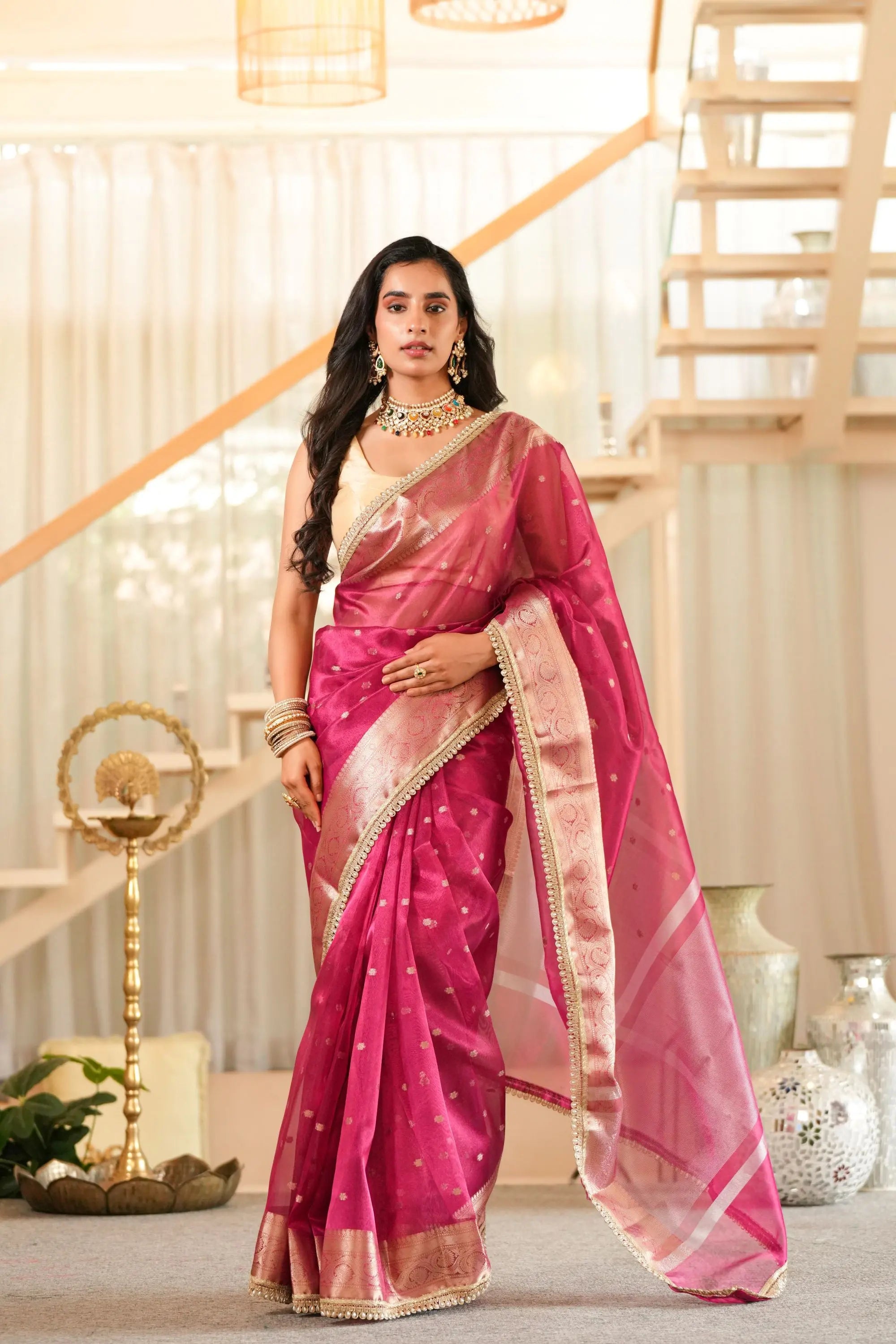 Image of Vaani : Hot Pink Tissue Banarasi saree with Zari border Sathiraa Sarees