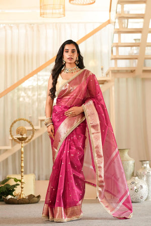 Vaani : Hot Pink Tissue Banarasi saree with Zari border Sathiraa Sarees