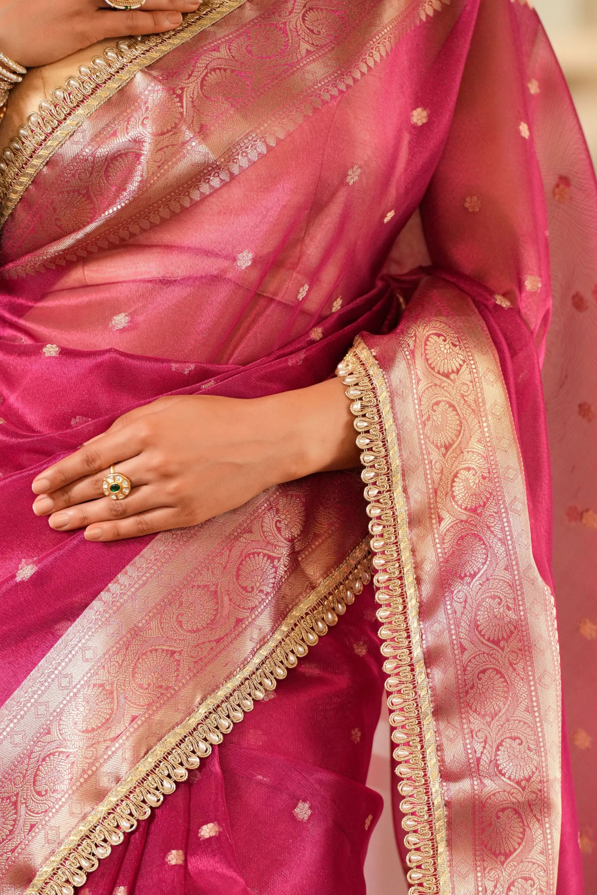 Image of Vaani : Hot Pink Tissue Banarasi saree with Zari border Sathiraa Sarees