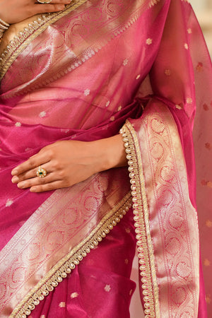 Vaani : Hot Pink Tissue Banarasi saree with Zari border Sathiraa Sarees