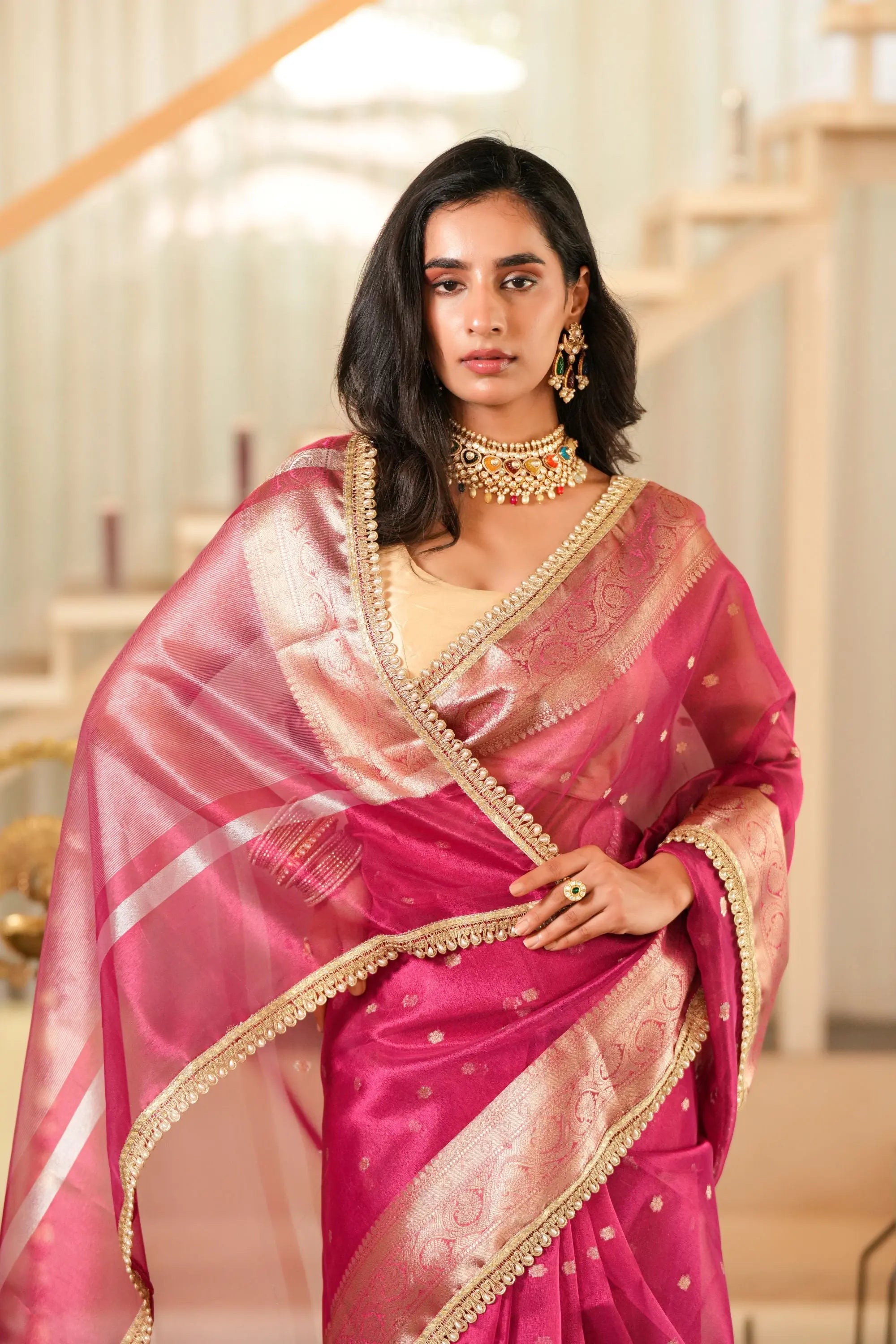 Image of Vaani : Hot Pink Tissue Banarasi saree with Zari border Sathiraa Sarees