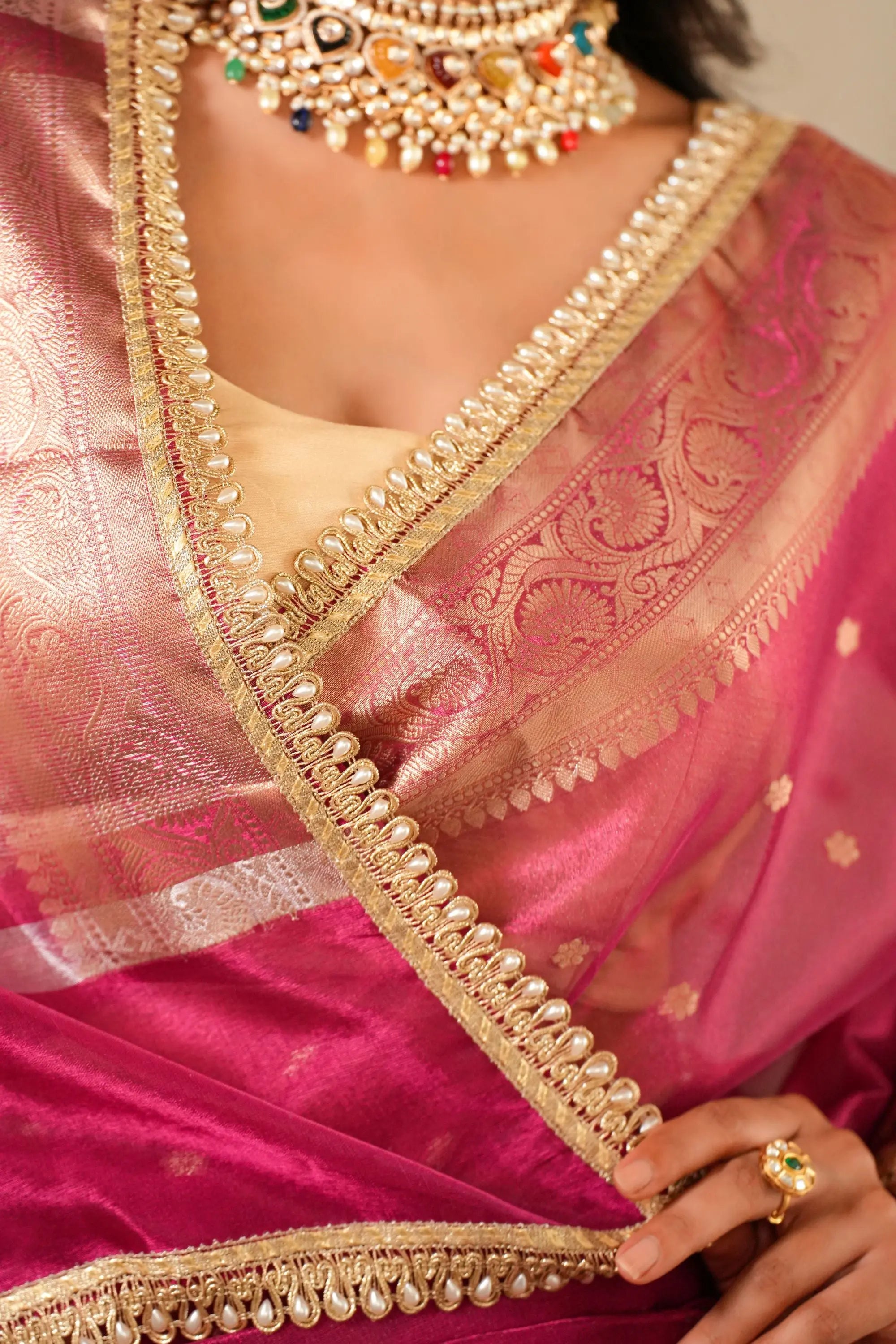 Image of Vaani : Hot Pink Tissue Banarasi saree with Zari border Sathiraa Sarees
