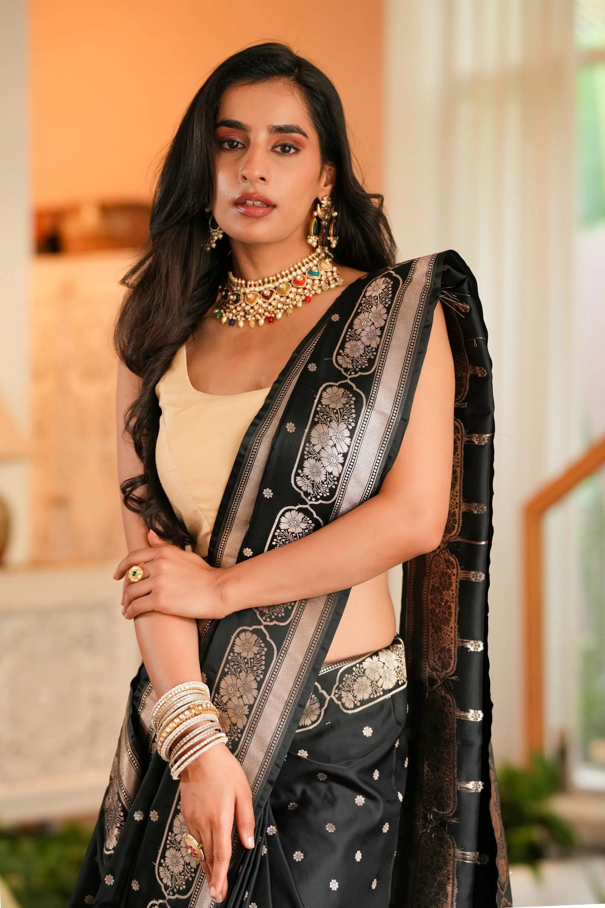 Image of Kaya : Black Premium Mashru Katan Silk Banarasi Saree Sathiraa Sarees