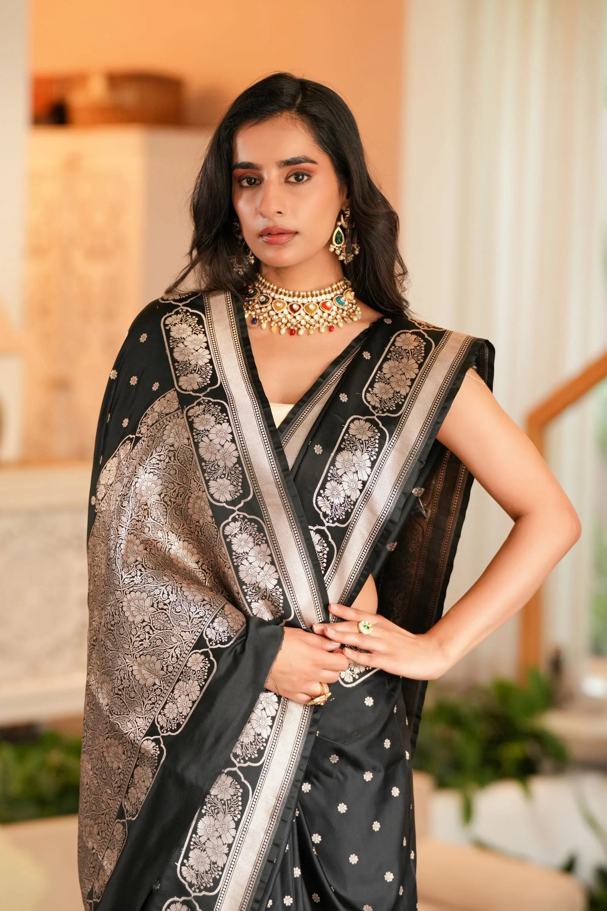Image of Kaya : Black Premium Mashru Katan Silk Banarasi Saree Sathiraa Sarees