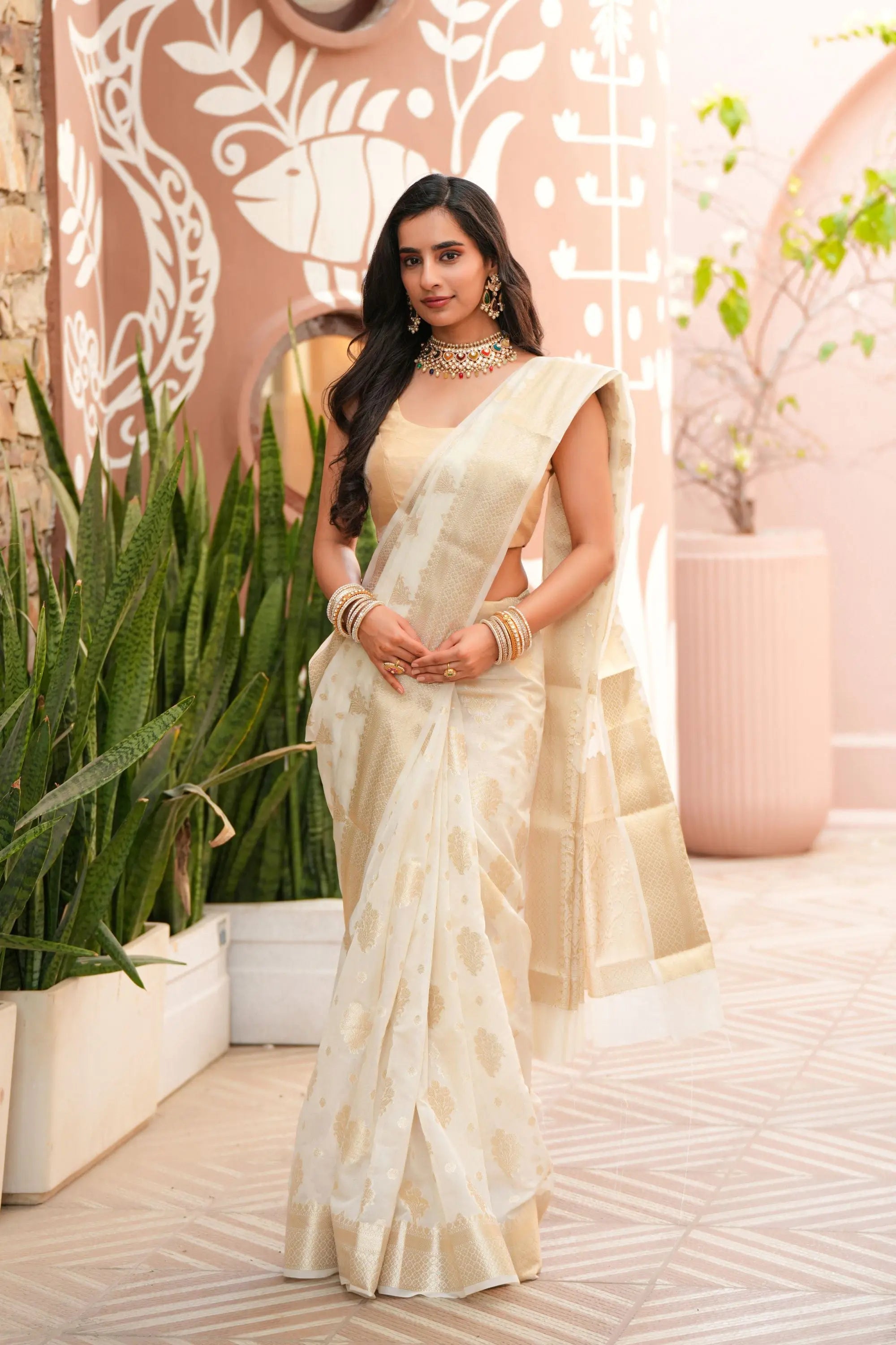 Image of Pratibha : Banarasi Silk off white woven Saree Sathiraa Sarees