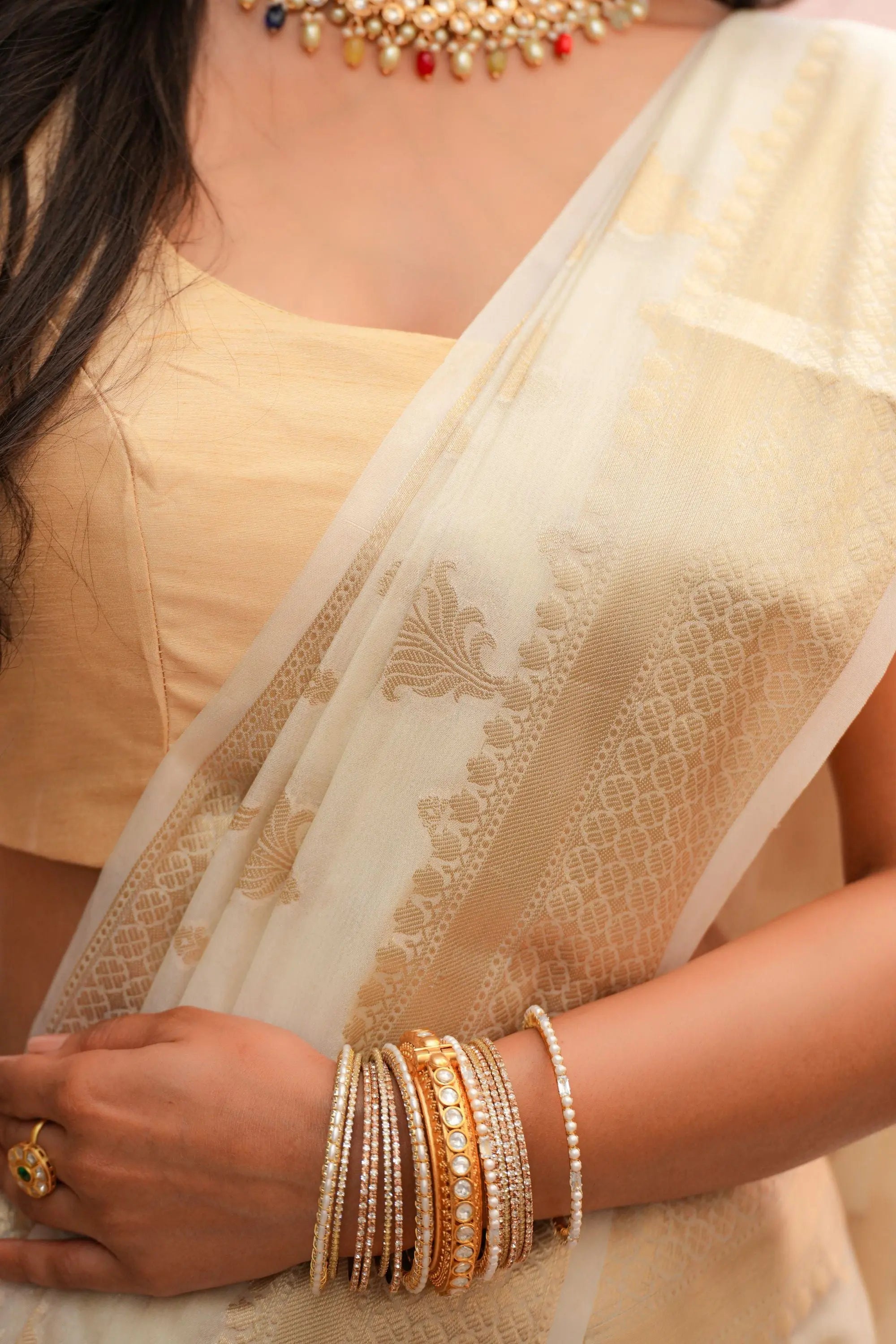 Image of Pratibha : Banarasi Silk off white woven Saree Sathiraa Sarees