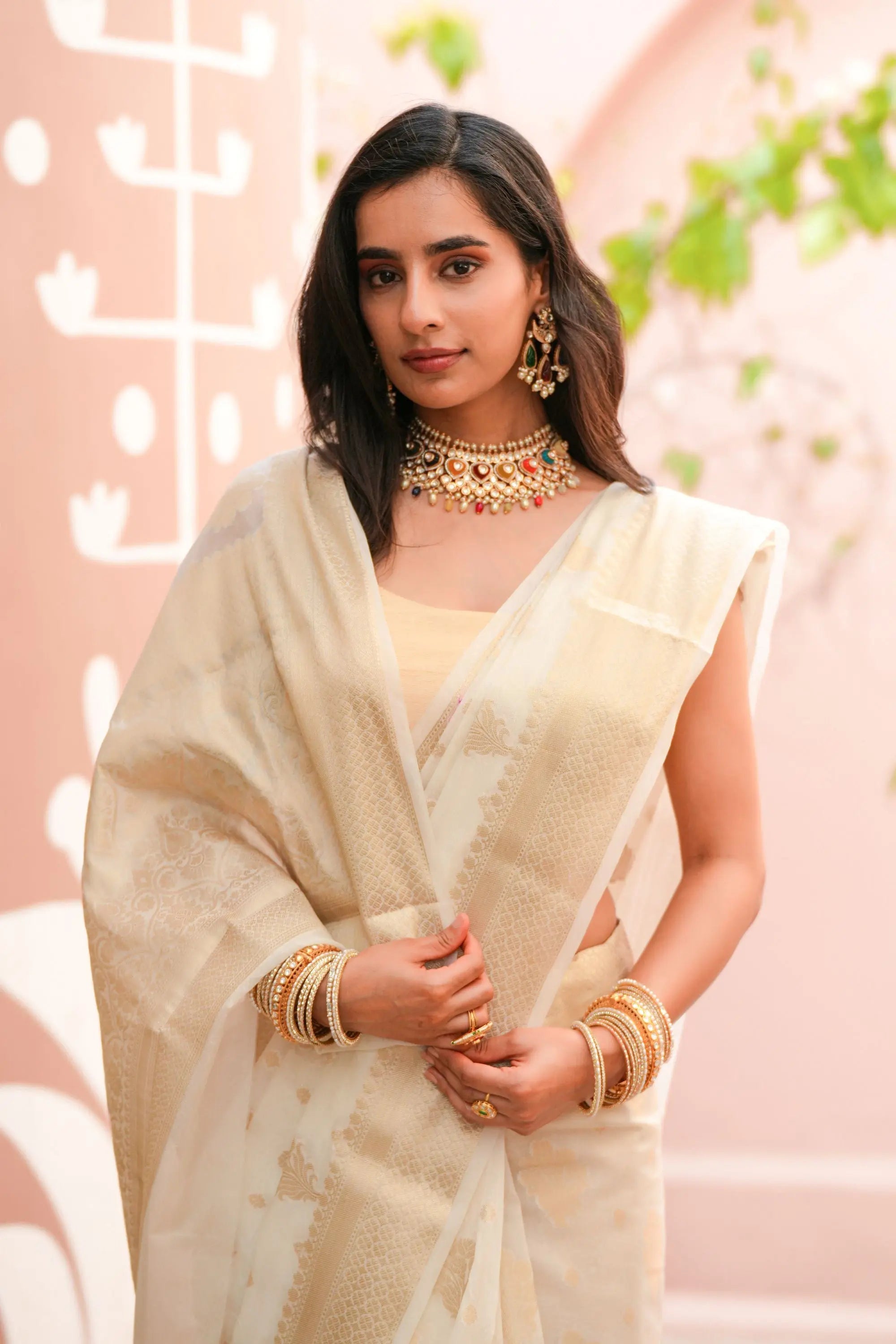 Image of Pratibha : Banarasi Silk off white woven Saree Sathiraa Sarees