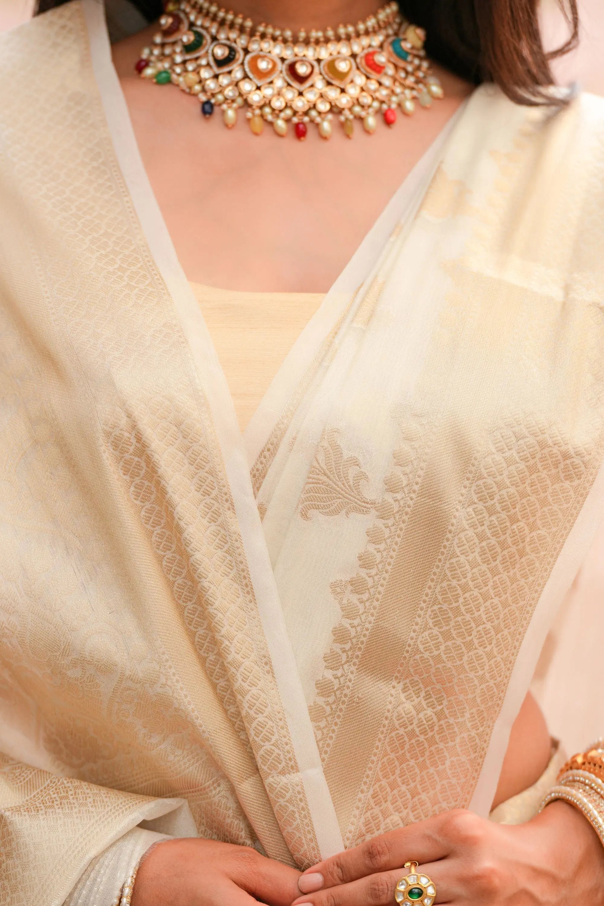 Image of Pratibha : Banarasi Silk off white woven Saree Sathiraa Sarees